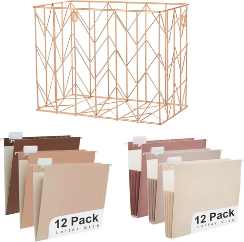 Vista 12 de Y YOMA Organizador de archivos colgantes, tamaño carta, de metal dorado rosa, cesta de almacenamiento para oficina en casa, 1 paquete, con juego