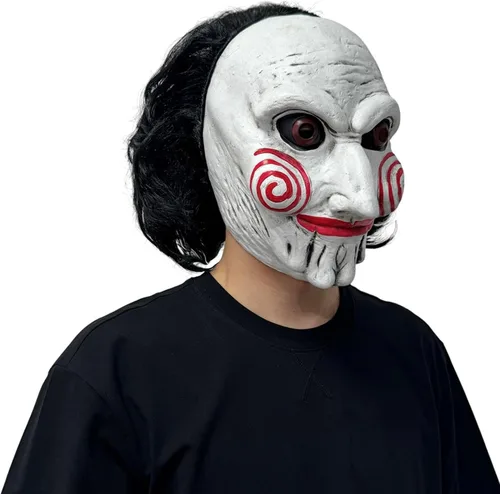 Vista 4 de Máscara de rompecabezas, disfraz de Billy The Puppet para adultos, máscara de cabeza completa de Halloween