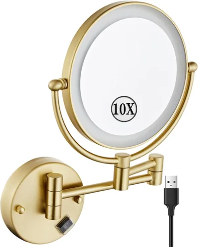 Vista 21 de KEYQEEN Espejo de maquillaje LED con luces, espejo de aumento de doble cara 1X/10X, espejo de aumento negro cableado montado en la pared giratorio