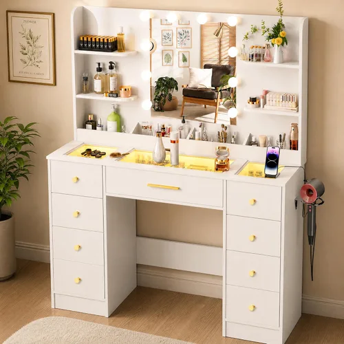 Vista 8 de LAKEMID Escritorio de tocador con espejo y luces LED, mesa de maquillaje con parte superior de cristal con 9 cajones y toma de corriente, 3 modos