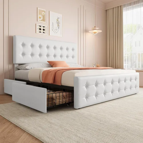 Vista 17 de IDEALHOUSE Marco de cama tamaño completo con 4 cajones de almacenamiento y cabecero, marco de cama plataforma tapizada en cuero sintético con Beige