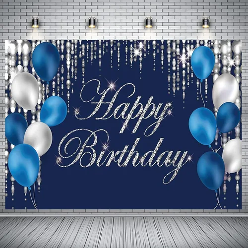 Vista 6 de Cartel de fondo de feliz cumpleaños azul marino y plateado para hombres, mujeres, fondo de fotografía de jubilación, suministros de decoración