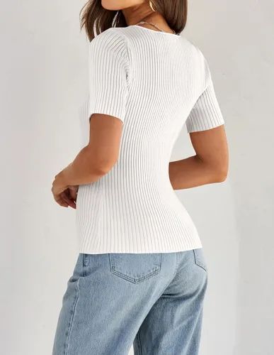 Vista 4 de ZESICA Camisetas de manga corta con cuello cuadrado para mujer, ajustadas, de verano, de punto acanalado, básicas, casuales