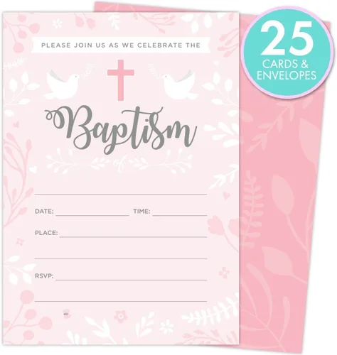 Vista 2 de Invitaciones de bautismo para bebés, 25 tarjetas y sobres de relleno en blanco.
