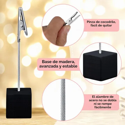 Vista 3 de Gersoniel 20 Piezas Soporte de Clip para Notas Base Cúbica con Clip de Cocodrilo Soporte de Números de Mesa de Madera Base Cúbica Soporte