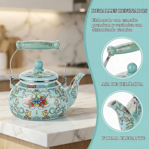 Vista 3 de Pumtus Hervidor de té esmaltado floral de 2.6 cuartos de galón, tetera esmaltada vintage, olla de café esmaltada en acero con mango de cerámica