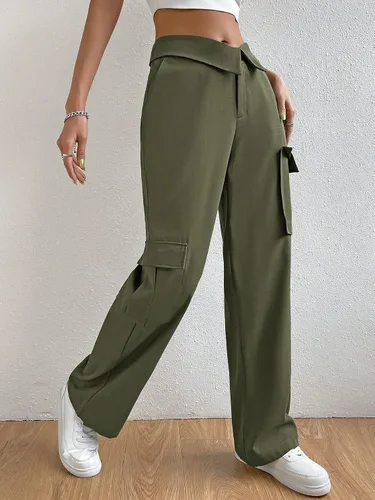 Vista 3 de WDIRARA Pantalones cargo largos de cintura alta con botones y bolsillos para mujer