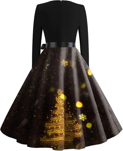 Vista 2 de Women's Vintage Long Sleeve Christmas Party Dress Stylish Crewneck Tree Print Holiday Dresses, S-2XL
