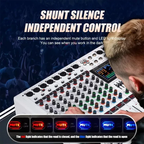 Vista 9 de GF8PRO - Consola de DJ profesional de 8 canales, con ecualizador de 7 etapas, 99 efectos de reverberación, pantalla LCD a color, función de silencio