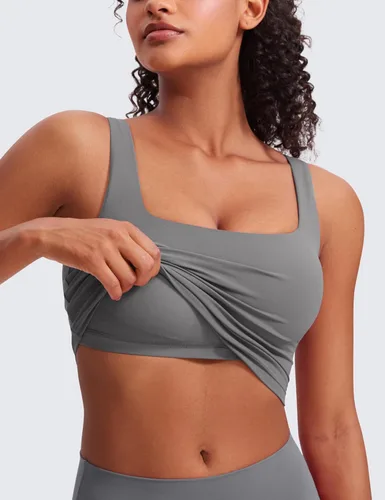 Vista 4 de CRZ YOGA Butterluxe Square Neck Crop Tank Top Brasier integrado, soporte ligero, almohadillas extraíbles, yoga, extremadamente suave, tirantes