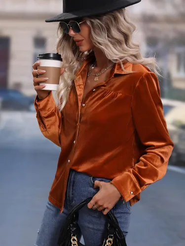 Vista 5 de Floerns Blusa de terciopelo con cuello de manga larga y botones para mujer