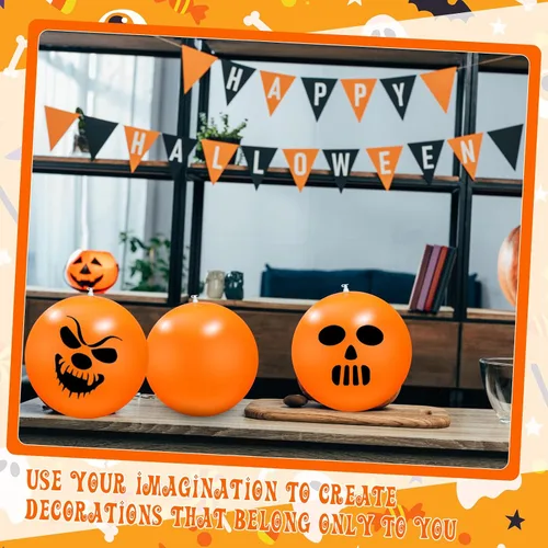 Vista 2 de 50 bolas inflables de playa de calabaza de Halloween, bolas flotantes anaranjadas a granel, decoraciones de Halloween, accesorios inflables