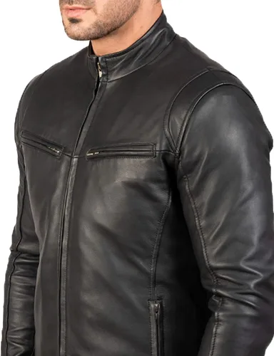 Vista 4 de Chaqueta Moto de cuero negro Hombres - 6 - Chaqueta de cuero Cafe Racer Chaqueta de cuero de piel de cordero real para hombre