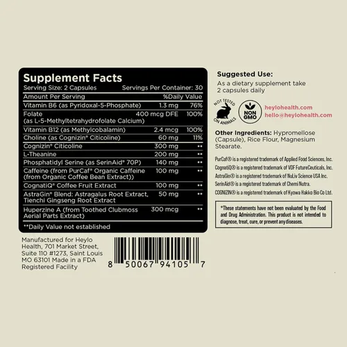 Vista 3 de Heylo - Suplemento cerebral nootrópico para concentración, energía y memoria Cognizin Citicolina, L-teanina, cafeína PurCaf, fosfatidilserina, B6