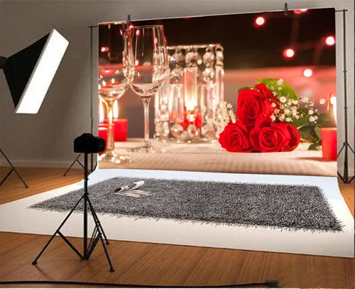Vista 3 de Haoyiyi Telón de fondo romántico de aniversario de 7 x 5 pies con rosas rojas románticas, amor, champán, luz de velas, cena, fondo de fotografía