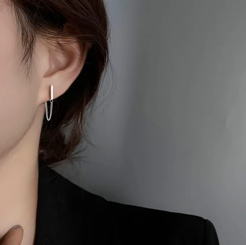 Vista 4 de Reffeer Solid 925 Sterling Silver Bar Chain Dangle Earrings Drops for Women Bar Drop Earrings Chain Studs