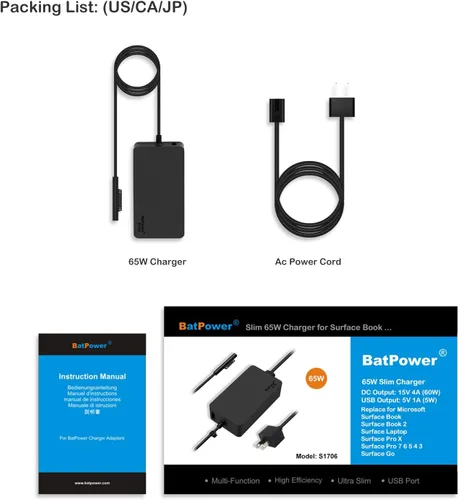 Vista 5 de Cargador de superficie de 15 V 4A de 65 W compatible con Microsoft Surface Book Laptop Surface Pro X 7 6 5 4 3 Go Tablet 1706 Fuente de alimentación