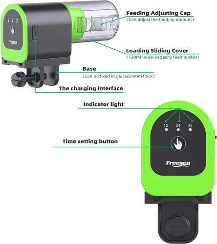 Vista 9 de FREESEA Alimentador Automático de Peces para Acuario: Pequeño Dispensador Automático de Comida para Peces de Vacaciones Recargable por USB