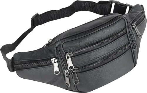 Vista 2 de Riñonera de cuero para viaje, 7 bolsillos, cintura adecuada para exteriores, montañismo, viajes, campamento, ciclismo, correr, etc. (negro)