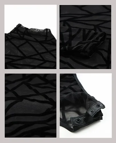 Vista 5 de YOGOLAI Body de malla transparente para mujer, cuello alto, manga larga, elástico, leotardo