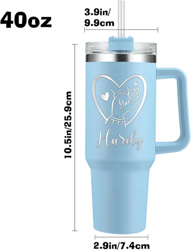 Vista 3 de Vaso personalizado con asa personalizado de 40 onzas grabado con nombre de flor de nacimiento con tapa y pajita, taza de café de viaje de acero