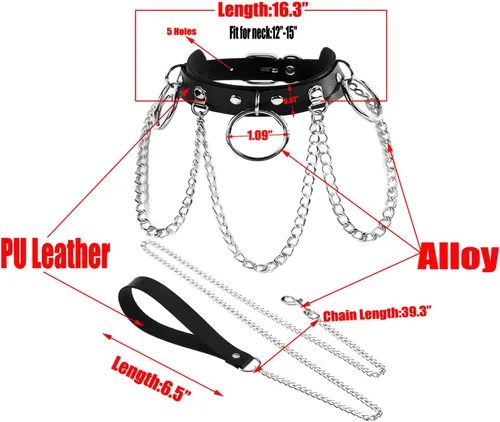 Vista 7 de Gargantilla de cuero con correa de cadena para adolescentes, punk gótico Y2K, accesorios de cosplay, tres anillos o y dijes de cadenas