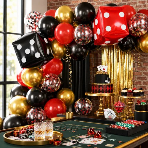 Vista 4 de Globos de Casino, Globos Metálicos Negros Rojos Dorados de 12 Pulgadas con Confeti y Dados de Lámina para Decoración de Fiesta Temática de Juego