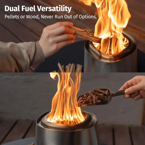 Vista 6 de East Oak Fuoco - Fogón de Mesa Sin Humo Bandeja de Cenizas 3 en 1 Fogón Portátil para Madera y Pellets Acero Inoxidable Quema 120% Más