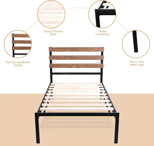 Vista 4 de KOMFOTT Base de cama de metal de tamaño individual con cabecero de madera y tablillas, base de colchón de plataforma de hierro de alta gama de 15.5