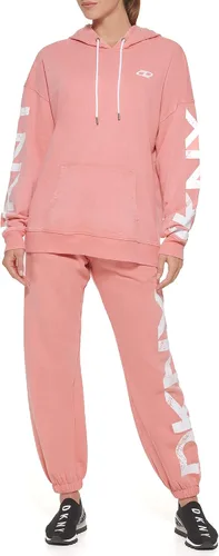 Vista 2 de DKNY Sudadera con capucha para mujer, con bolsillo, ajuste relajado, con logotipo agrietado