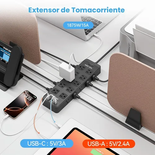 Vista 5 de Regleta de alimentación con enchufe plano, protector contra sobretensiones con 20 tomas de corriente AC y 6 puertos USB, 1875 W/15 A, 2700 julios