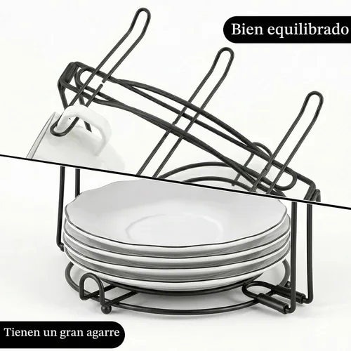 Vista 5 de YOLIFE Soporte para tazas de té. para 6 tazas, 6 platitos, 6 cucharas, desarmable., Negro