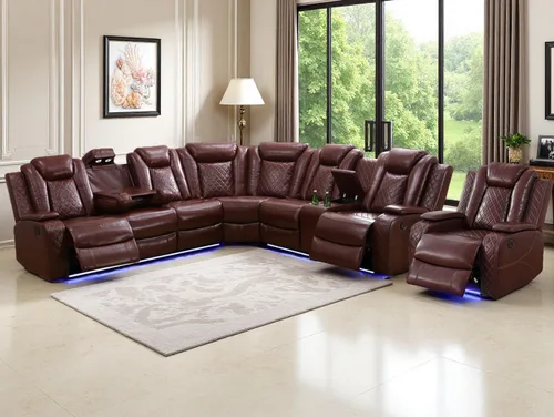 Vista 13 de Juego de sofá de cuero transpirable con puerto USB, 5 sofás seccionales reclinables en forma de L y 2 sillas, juego de sofá seccional reclinable