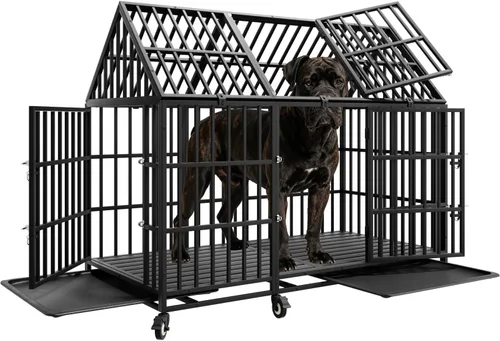 Vista 12 de Jaulas resistentes de 44 pulgadas para perros grandes, jaula indestructible a prueba de escapes con ruedas bloqueables, doble puerta de alta