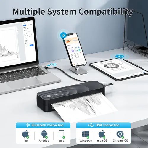 Vista 2 de Impresora térmica portátil A4 3 rollos de papel térmico y 2 papeles plegables incluidos Impresora Bluetooth sin tinta con funda de transporte