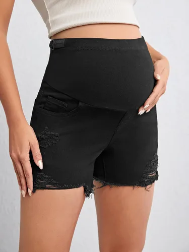 Vista 3 de Verdusa Pantalones cortos de mezclilla de maternidad para mujer, cintura alta, rasgados, dobladillo sin procesar, pantalones cortos de embarazo
