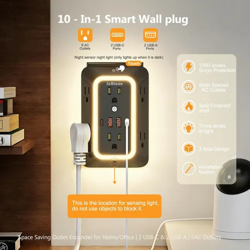 Vista 2 de Extensor de toma de corriente de pared con luz nocturna, adaptador de enchufe de alimentación extensor de 6 salidas con 4 puertos de carga USB