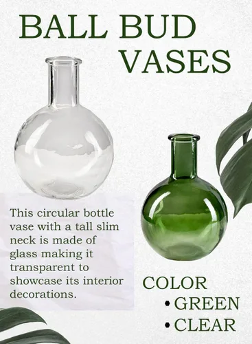 Vista 6 de Serene Spaces Living Juego de 2 jarrones redondos de cristal con cuello de botella verde, florero vintage para mesa de consola, estante, sala