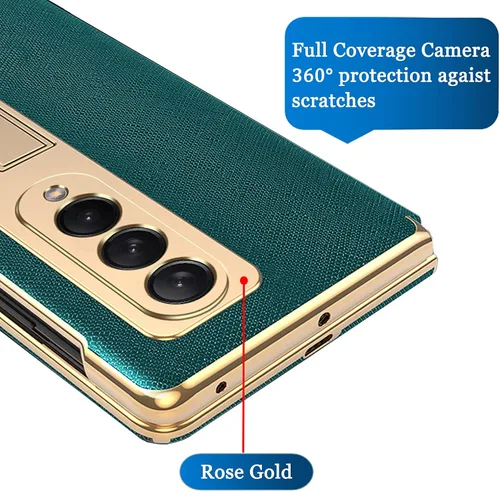 Vista 4 de Ninki Funda de cuero para Galaxy Z Fold 3 con función atril, color negro, cuero de lujo con PC a prueba de golpes y soporte de anillo protector