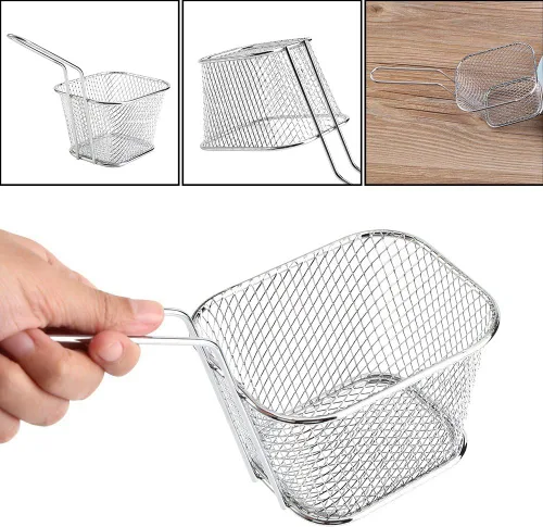 Vista 5 de 8 cestas cuadradas para freír, cesta de acero inoxidable para freidora profunda con mango de alambre, 4.1 x 3.3 x 2.6 pulgadas, cestas para servir