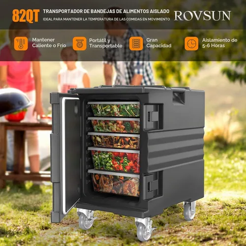 Vista 2 de ROVSUN Caja Calentadora de Alimentos, Porta Comida Aislada con Ruedas Bloqueables Dobles Hebilla y Asas, Cajas Calientes Apilables para Restaurante