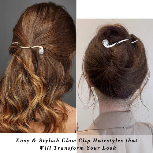 Vista 2 de Ahoney 4 pasadores de perlas para mujer, pinzas francesas 4.2 con perlas elegantes para cabello grueso (plata + dorado)