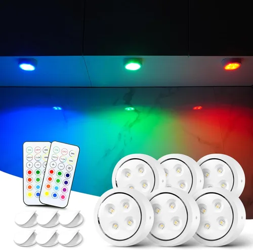 Vista 13 de Luces de empuje con control remoto, 6 piezas de luces LED de disco de hockey alimentadas por batería, iluminación inalámbrica debajo del gabinete