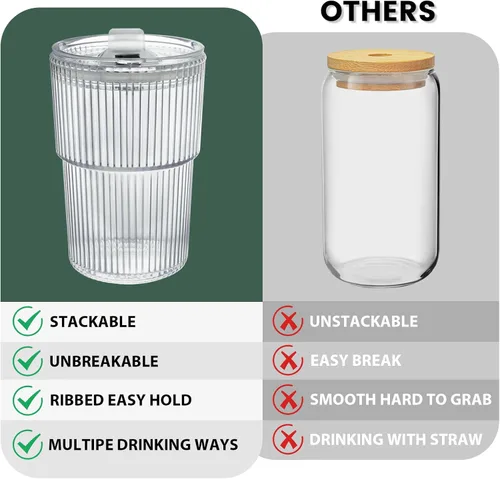 Vista 4 de HIGIINC Tazas de café helado con tapas y pajitas 2 piezas, juego de 16 OZ de vasos irrompibles para beber, vasos de plástico transparente
