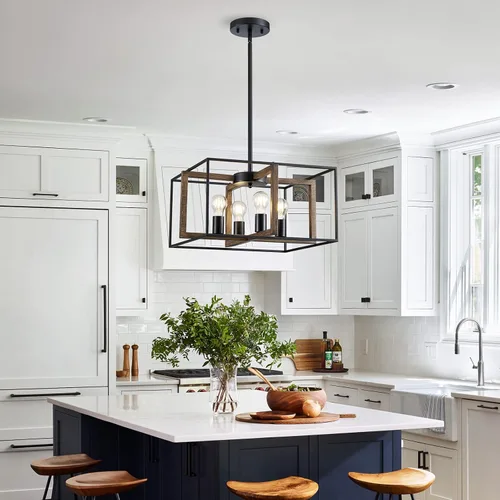 Vista 7 de XINGQI Candelabro cuadrado de 4 luces, lámpara de granja, moderna iluminación colgante para cocina, isla, comedor, sala de estar, acabado de grano