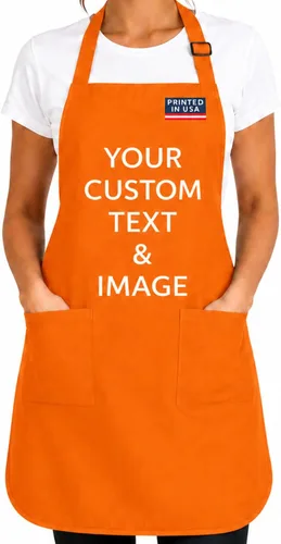 Vista 12 de Delantal personalizado con nombre o logotipo personalizado, cuello ajustable, 2 bolsillos, mezcla de algodón de fácil cuidado Crema
