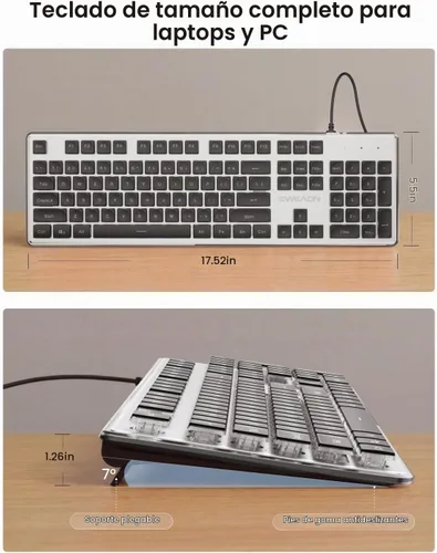Vista 7 de SEUNKWANG EWEADN GX710S - Teclados retroiluminados para computadora, teclado USB con cable con retroiluminación blanca, panel de metal, Plug and