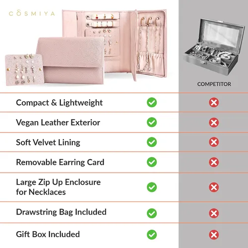 Vista 9 de COSMIYA Organizador de joyas de viaje de cuero vegano de lujo, rollo de joyas, bolsa de joyería de viaje, organizador de viaje de joyería