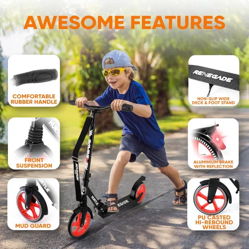 Vista 2 de Hurtle Renegade Kick Scooter for Kids, Teenagers & Adults - 2-Wheel Folding Scooter with Adjustable T-Bar Handlebar - Alloy Anti-Slip Deck