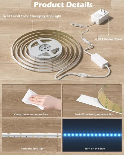 Vista 6 de Tira de luz LED COB RGB, tira de luz LED COB de 16.4 pies con control remoto, aplicación inteligente regulable, sincronización de música que cambia
